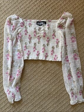 Katie J NYC White Floral Smocked Crop Top with Pink and Green Print